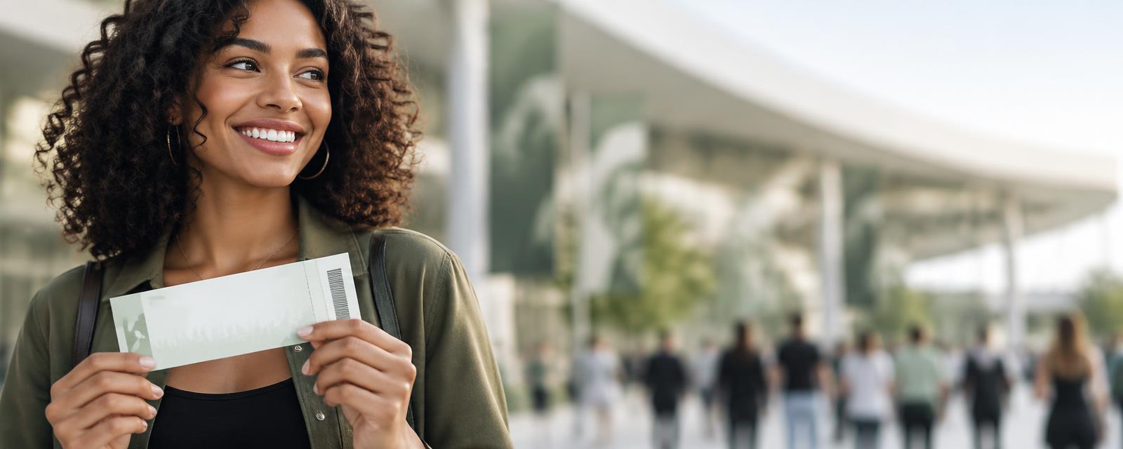 Pessoa segurando um ingresso em frente a um espaço de eventos
